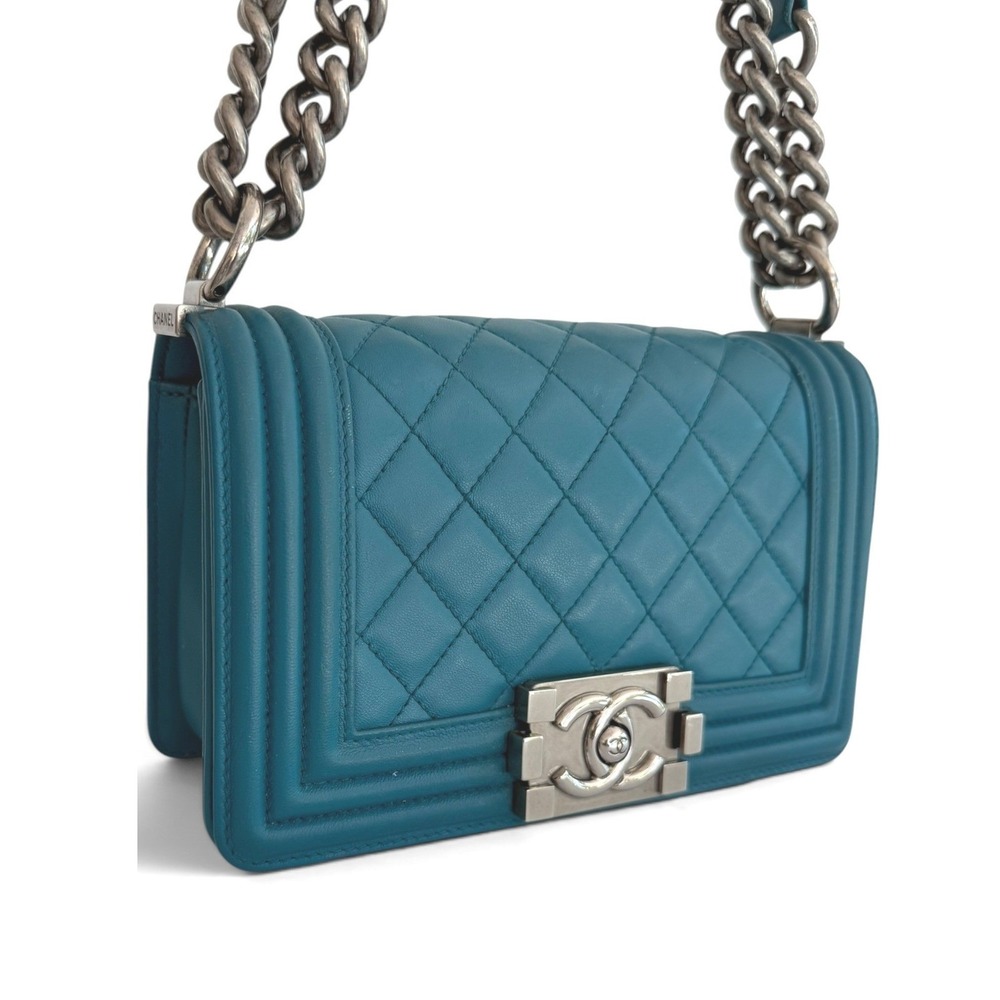 Chanel Boy Bag Small Teal Quilted Leather Ruthenium Chain Flap Crossbody - Picture 2 of 15